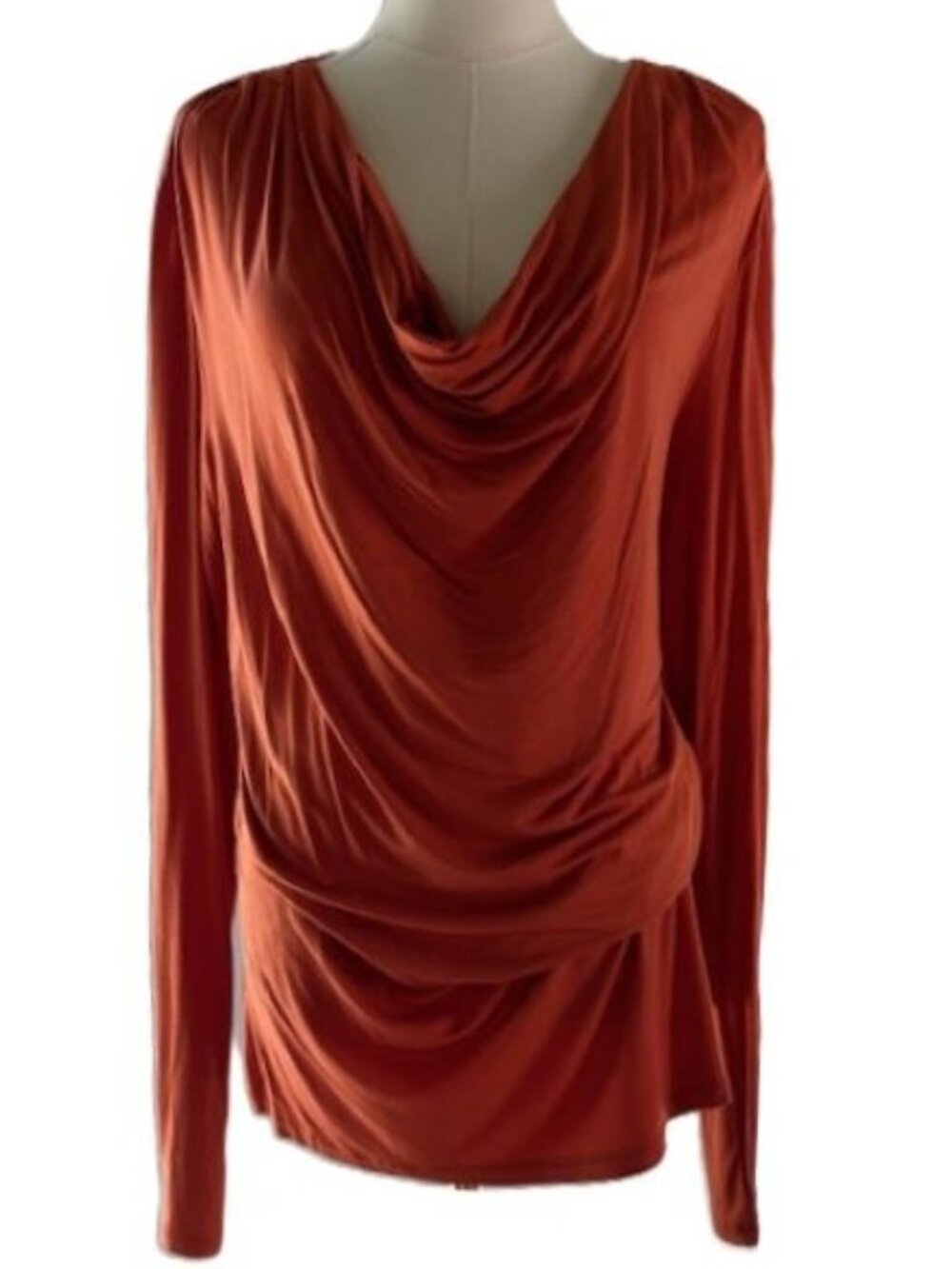 MICHAEL KORS Romantic Orange Spice Plunging Drape Neck L/S Jersey Blouse L NWT